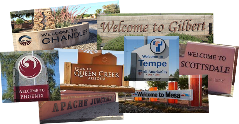 collage of town welcoming signs in the East Valley Arizona